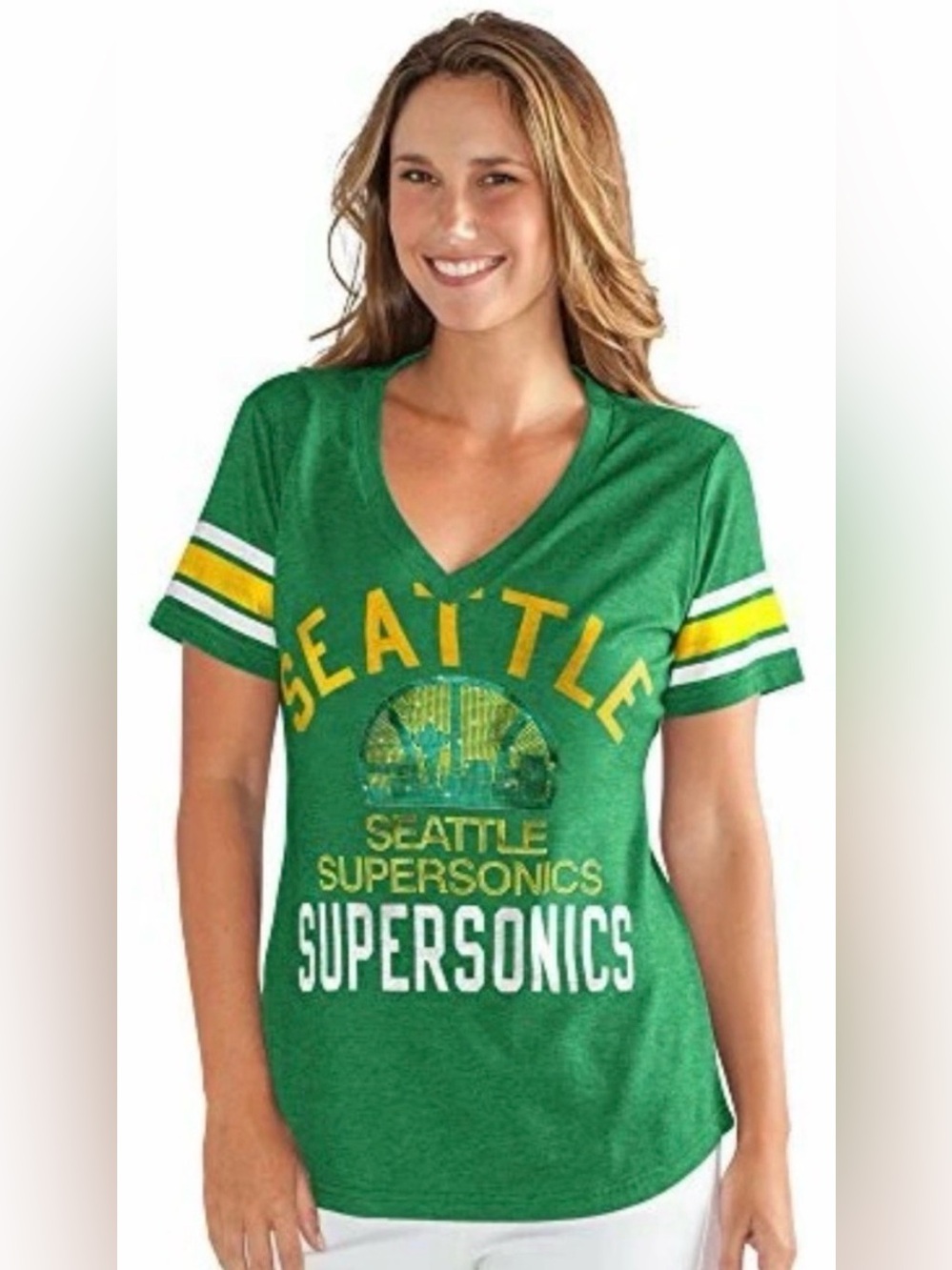 NWT [G-III] Seattle Supersonics NBA V-Neck Short-Sleeve Sequin Shirt Women’s S